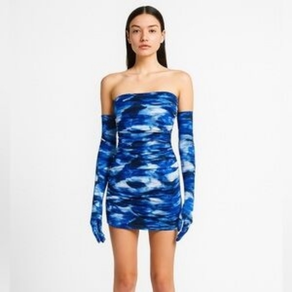 Miscreants Cupid Strapless Ruched Blue Tie Dye Mini Dress NWOT